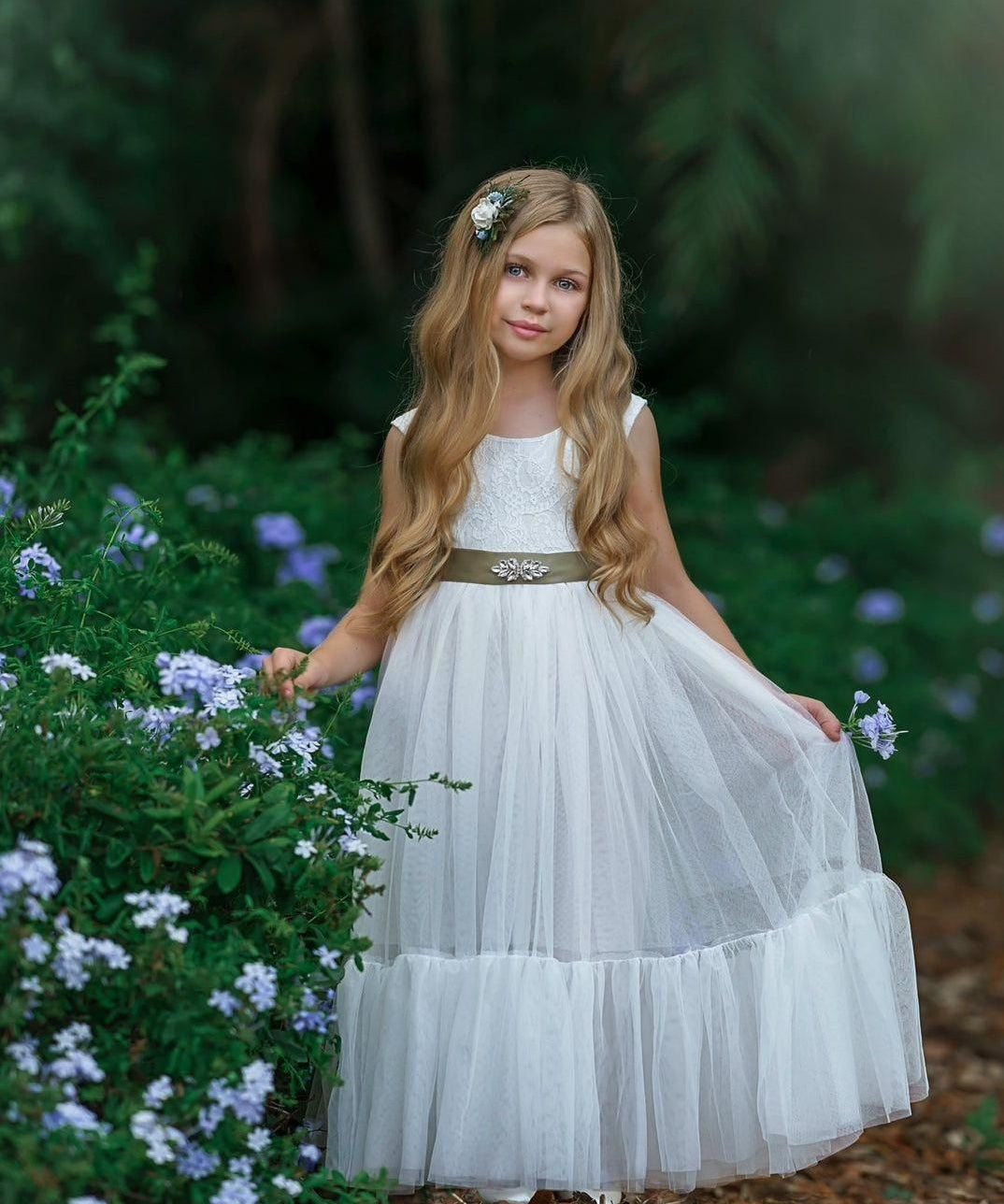 White Sleeveless Lace and Tulle Flower Girl Dress- Mermaid Style Bottom - The Little Kitten Boutique