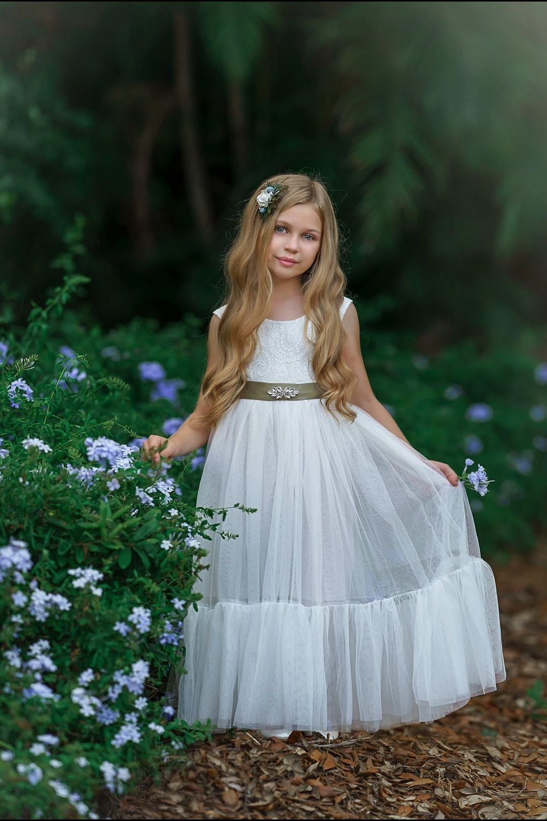 White Sleeveless Lace and Tulle Flower Girl Dress- Mermaid Style Bottom - The Little Kitten Boutique