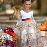 Long Sleeve Lace and floral embroidered Tulle Flower Girl Dress - Champagne