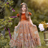 Burnt Orange Velvet Flower Girl Dress- Ruffle Sleeve