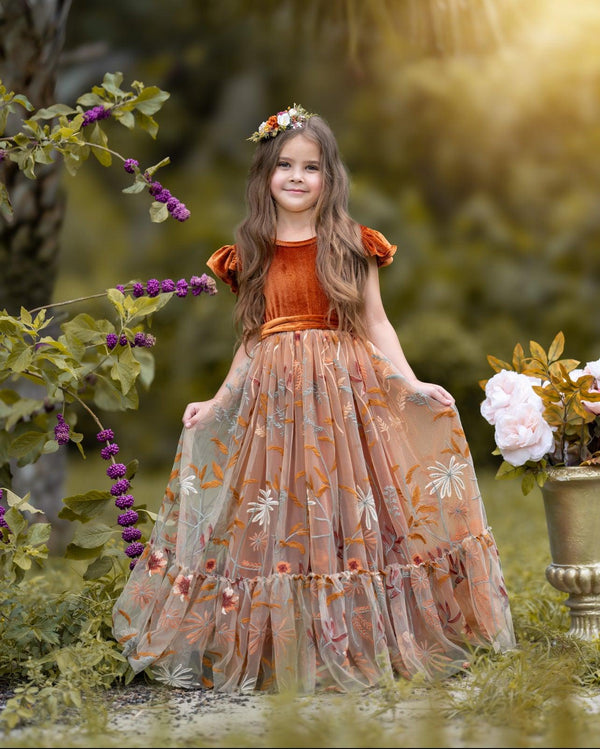 Burnt Orange Velvet Flower Girl Dress for Weddings & Events Dress w/ Velvet Sash / 6