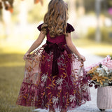 Burgundy Velvet Ruffle Sleeve Flower Girl Dress- Floral Embroidered Tulle Skirting