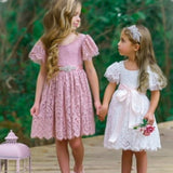 White & Ivory Short Sleeve Knee-Length Flower Girl Dress for Toddlers & Girls - The Little Kitten Boutique