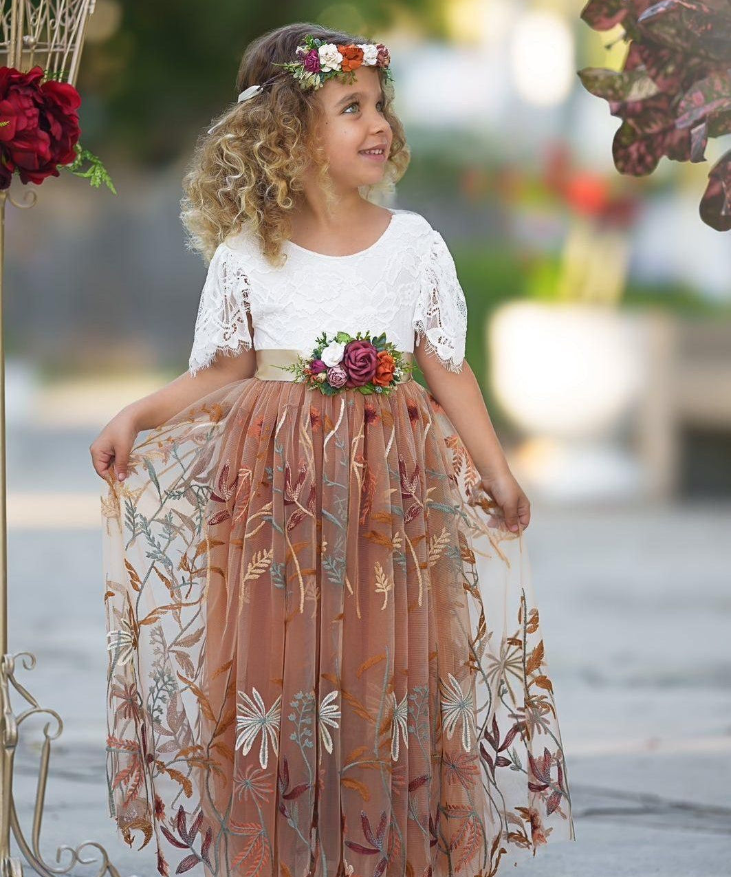 Burnt Orange Floral Embroidered Short Sleeve Flower Girl Dress - The Little Kitten Boutique