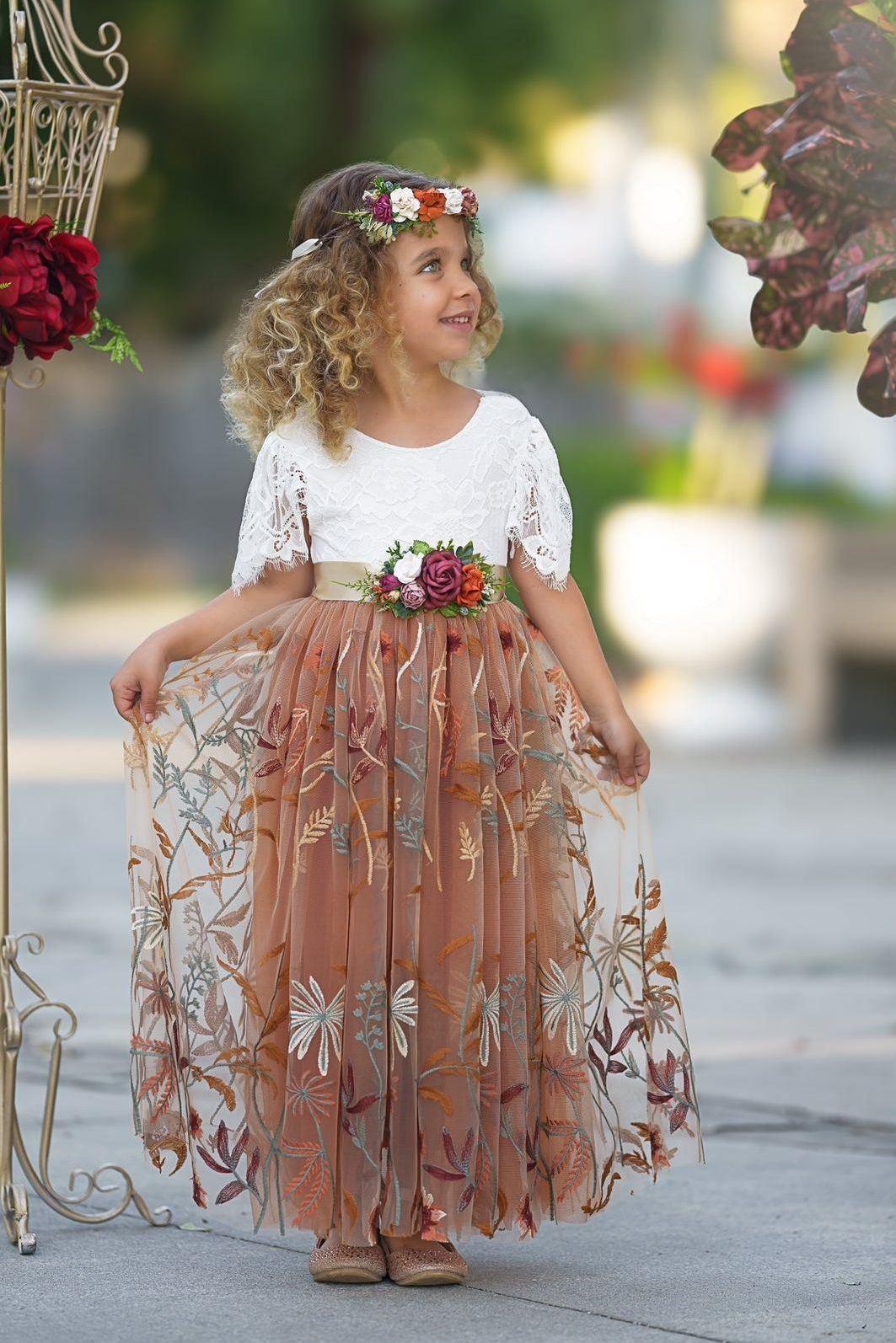 Burnt Orange Floral Embroidered Short Sleeve Flower Girl Dress - The Little Kitten Boutique