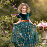 Forest Green Velvet Flower Girl Dresses - Embroidered Tulle