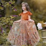 Burnt Orange Velvet Flower Girl Dress- Ruffle Sleeve