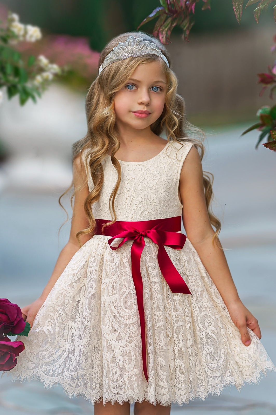 Sleeveless Knee-Length Lace Flower Girl Dress - White or Ivory - The Little Kitten Boutique