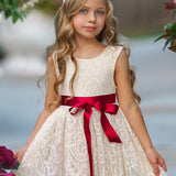 Sleeveless Knee-Length Lace Flower Girl Dress - White or Ivory - The Little Kitten Boutique