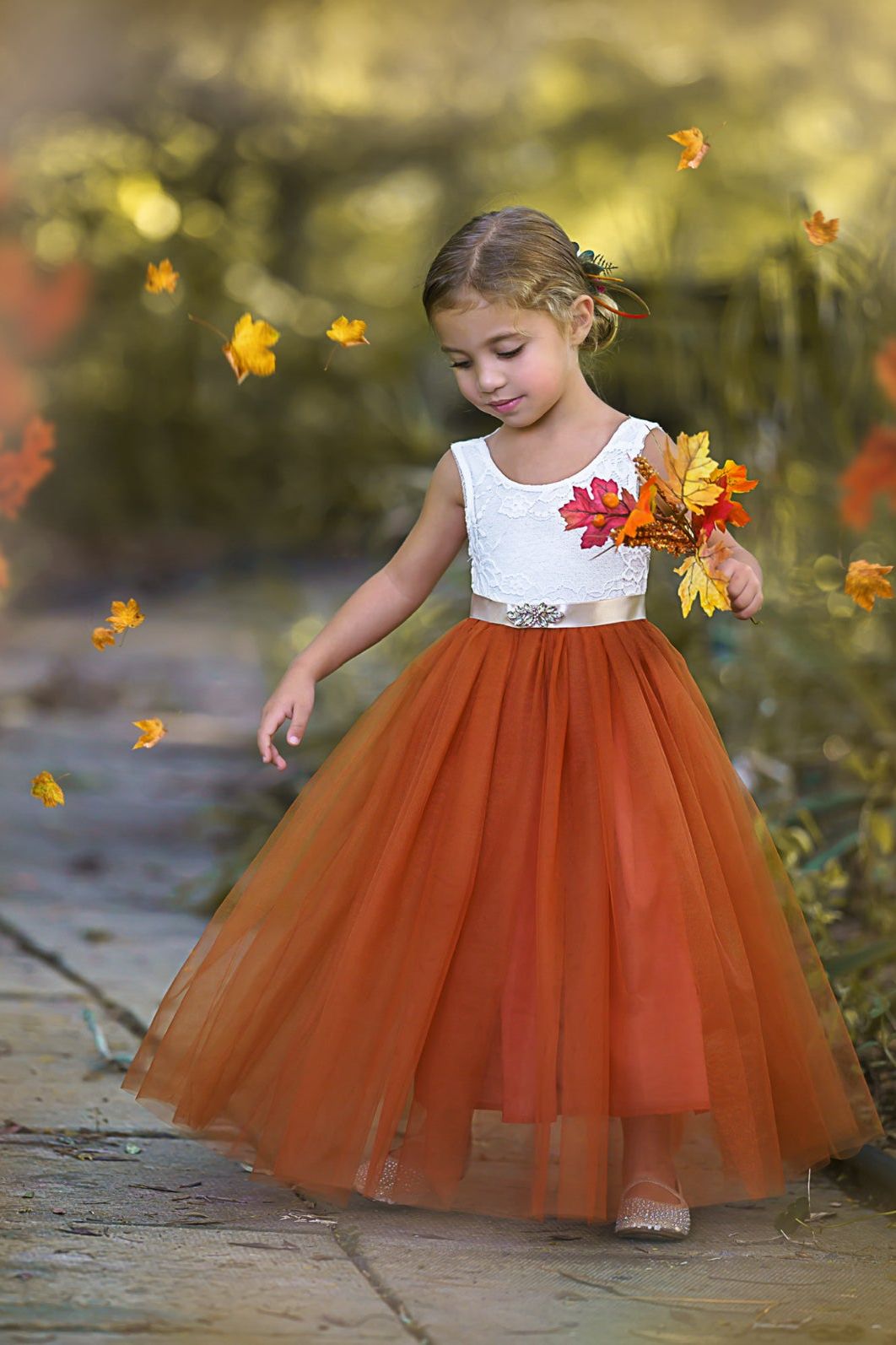 Sleeveless Burnt Orange Tulle and Lace Flower Girl Dress-magical fall dress - The Little Kitten Boutique