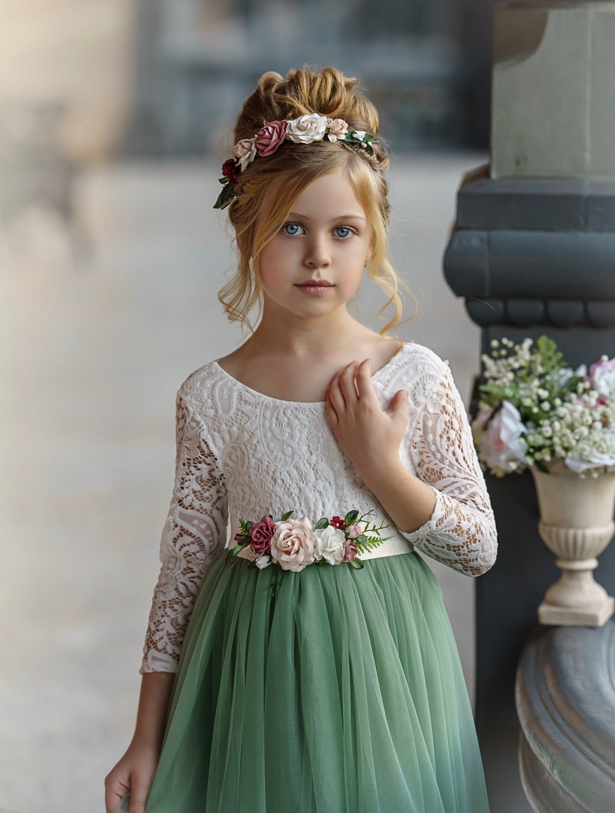 Flower girl gown in sage green for weddings