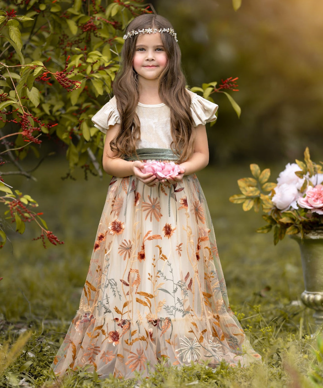 Champagne velvet flower girl dress with floral embroidered tulle skirting for weddings and special events. 