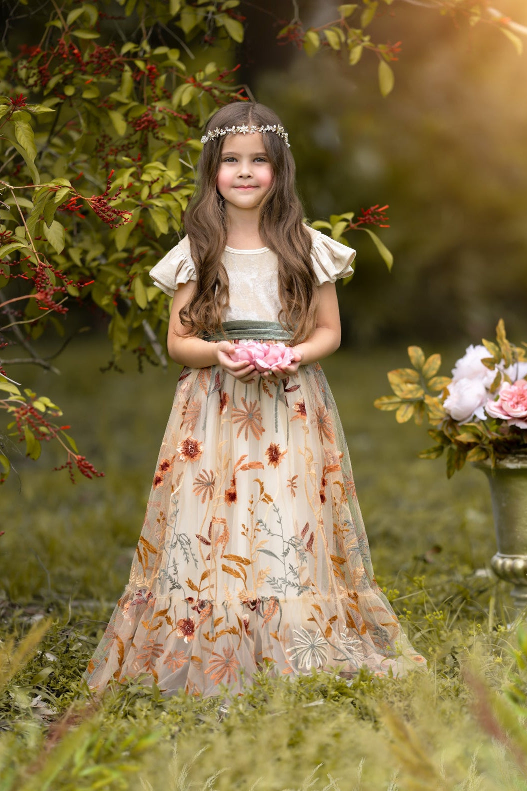 Champagne velvet flower girl dress with floral embroidered tulle skirting for weddings and special events. 