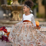 Long Sleeve Lace and floral embroidered Tulle Flower Girl Dress - Champagne