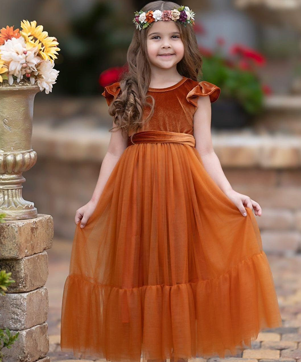 Burnt Orange Velvet and Tulle Flower Girl Dress - The Little Kitten Boutique