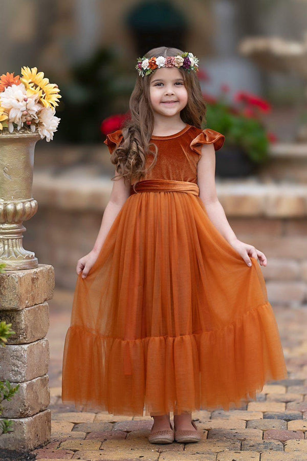 Burnt Orange Velvet and Tulle Flower Girl Dress for Fall Wedding 14 / Dress Only (No Sash)