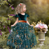 Forest Green Velvet Flower Girl Dresses - Embroidered Tulle