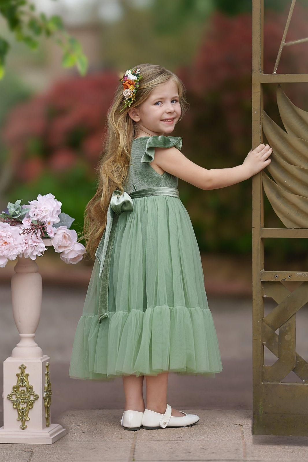 Sage Green Velvet and Tulle Flower Girl Dress - The Little Kitten Boutique