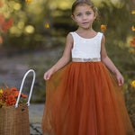 Sleeveless Burnt Orange Tulle and Lace Flower Girl Dress-magical fall dress - The Little Kitten Boutique