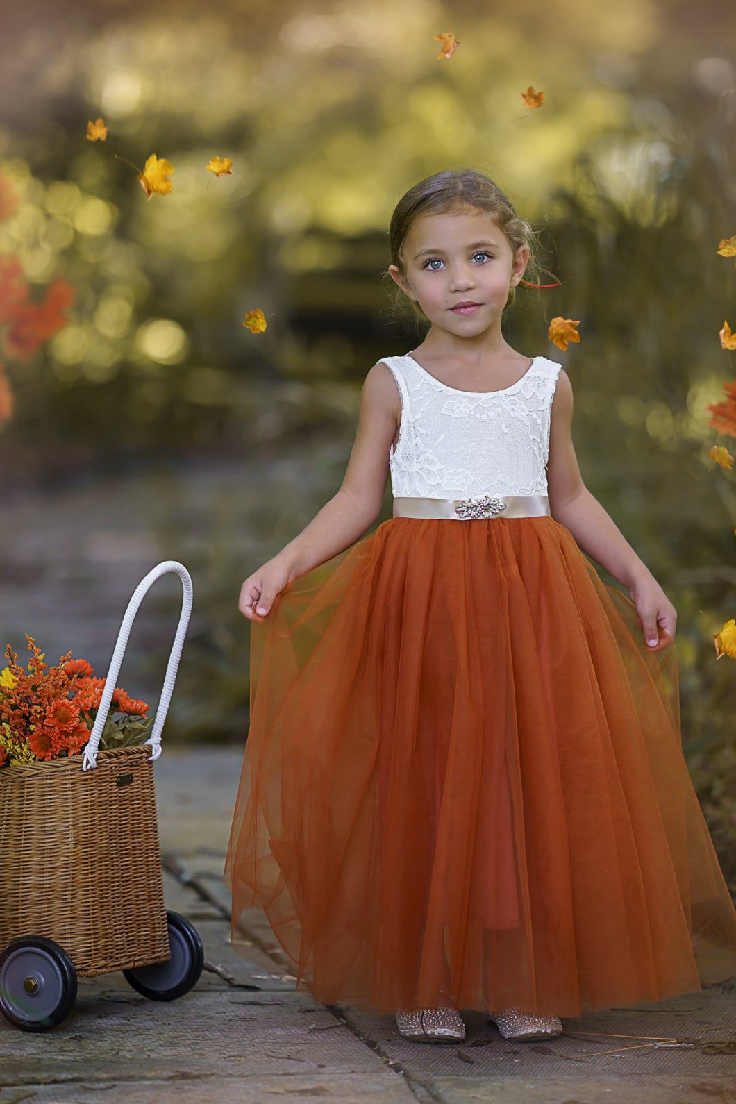 Sleeveless Burnt Orange Tulle and Lace Flower Girl Dress-magical fall dress - The Little Kitten Boutique