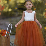 Sleeveless Burnt Orange Tulle and Lace Flower Girl Dress-magical fall dress - The Little Kitten Boutique