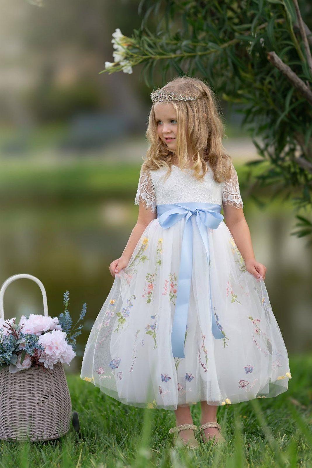 Boho Wildflower Floral Embroidered Flower Girl Dress - White - The Little Kitten Boutique