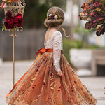 Long Sleeve Lace Tulle Flower Girl Dress for Fall Weddings - Burnt Orange - The Little Kitten Boutique