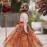 Long Sleeve Lace Tulle Flower Girl Dress for Fall Weddings - Burnt Orange - The Little Kitten Boutique