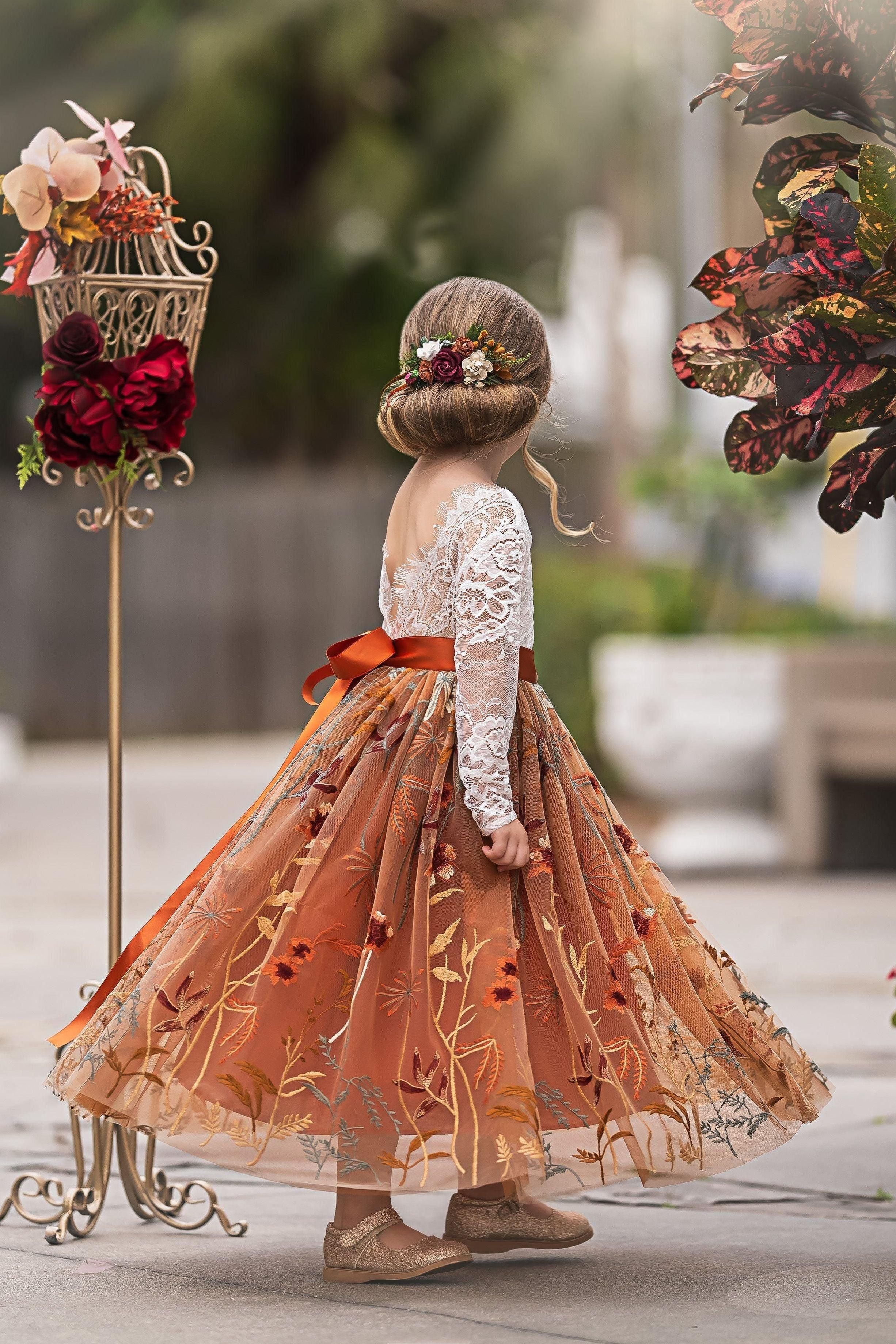 Long Sleeve Lace Tulle Flower Girl Dress for Fall Weddings - Burnt Orange - The Little Kitten Boutique