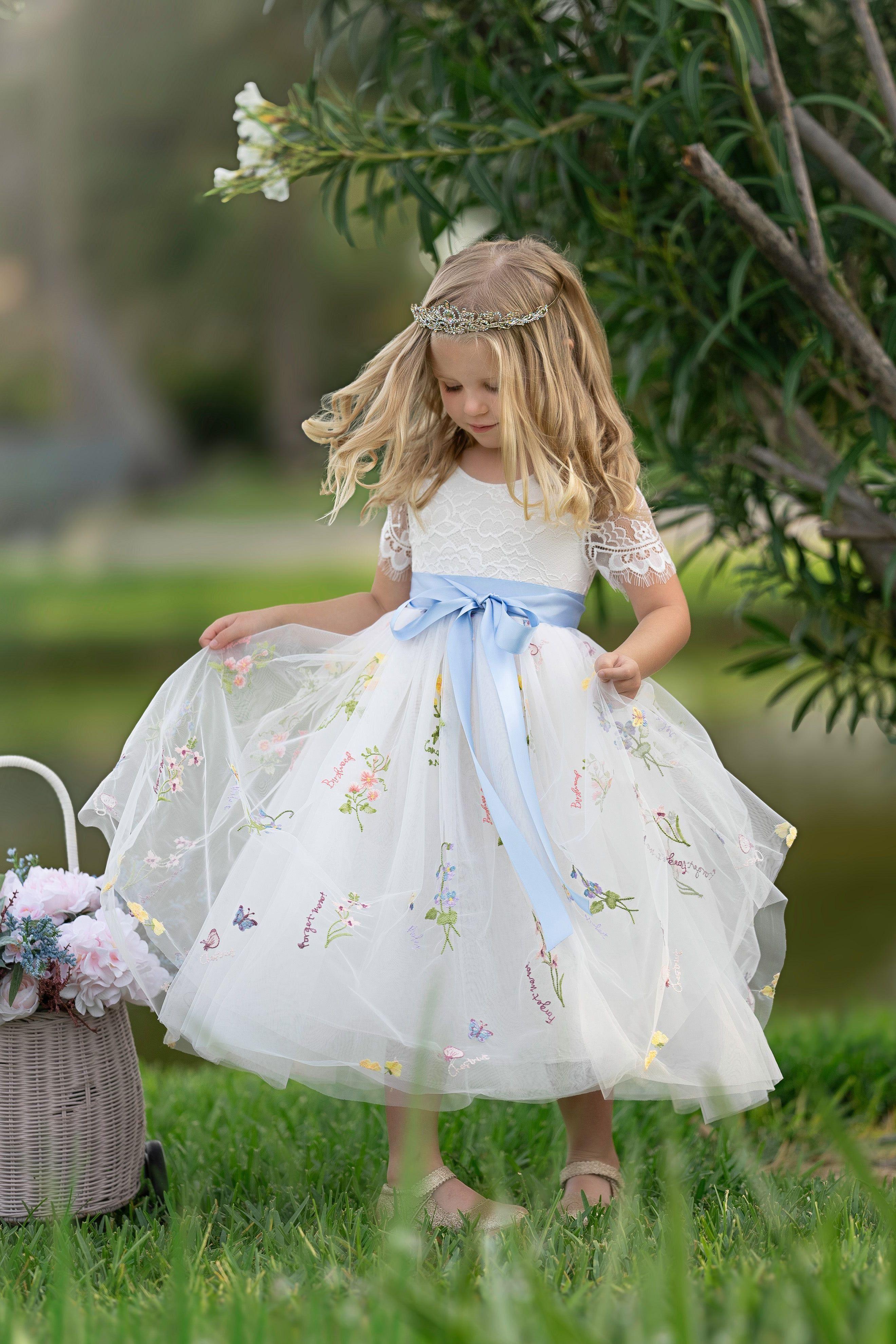 Boho Wildflower Floral Embroidered Flower Girl Dress - White - The Little Kitten Boutique