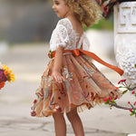 Knee Length Burnt Orange Floral Embroidered Flower Girl Dresses - The Little Kitten Boutique