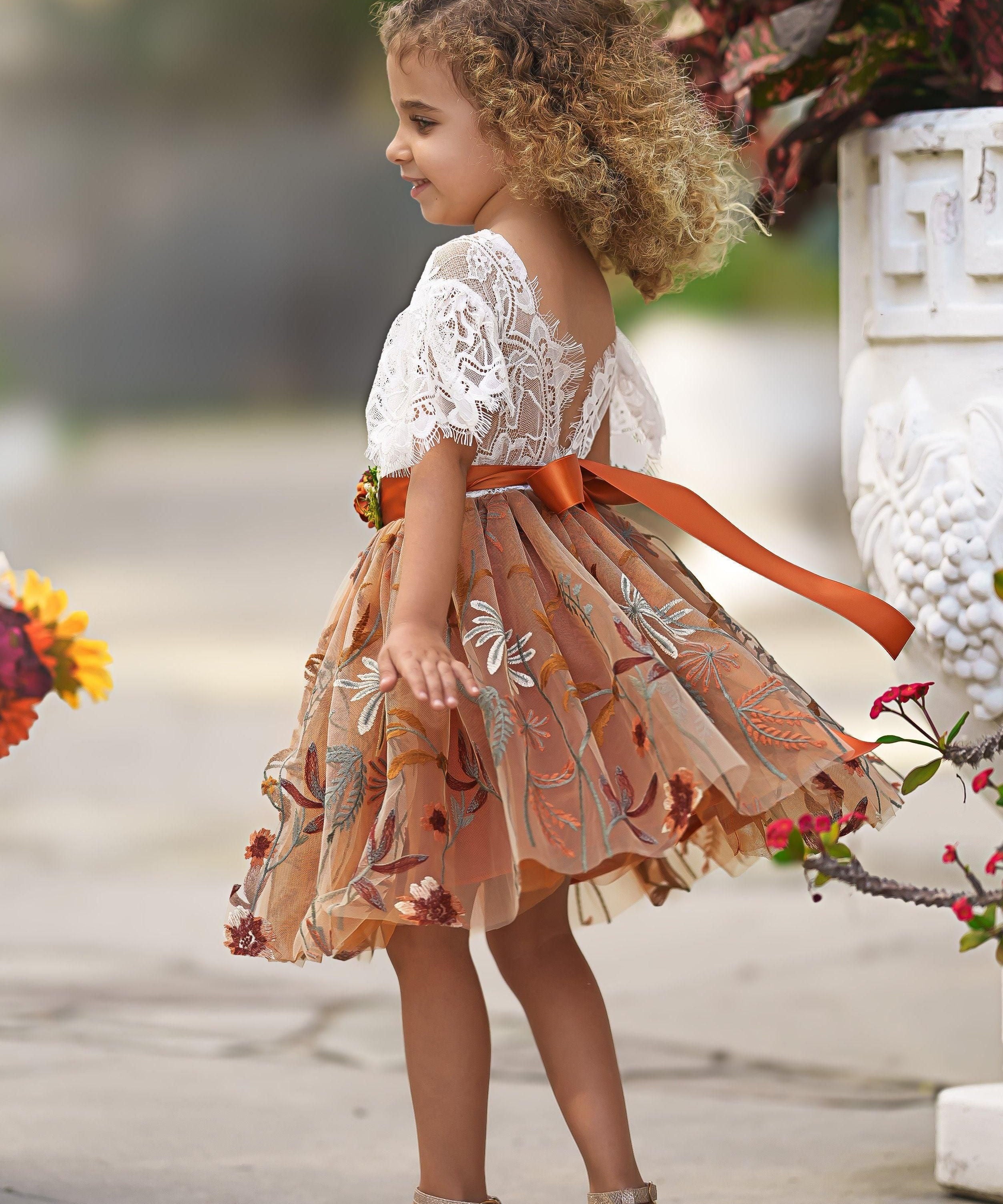 Knee Length Burnt Orange Floral Embroidered Flower Girl Dresses - The Little Kitten Boutique