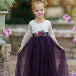 Long Sleeve Eggplant Tulle and White Lace Flower Girl Dress - The Little Kitten Boutique