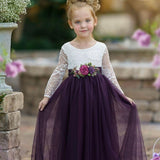 Long Sleeve Eggplant Tulle and White Lace Flower Girl Dress - The Little Kitten Boutique