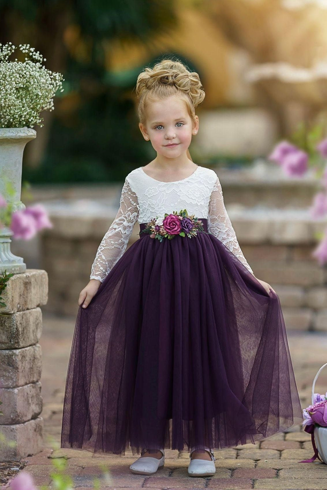 Long Sleeve Eggplant Tulle and White Lace Flower Girl Dress - The Little Kitten Boutique