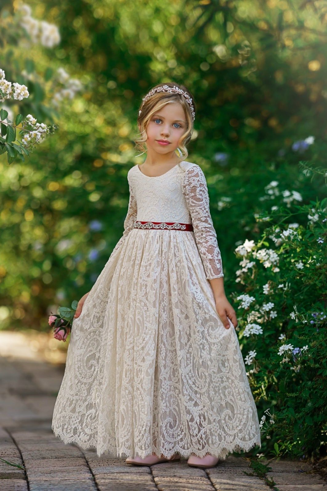 Long Sleeve Lace Flower Girl Dress - The Little Kitten Boutique