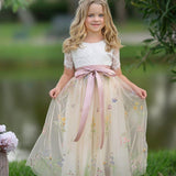 Short Sleeve Wildflower Floral Embroidered Flower Girl Dress- Champagne - The Little Kitten Boutique