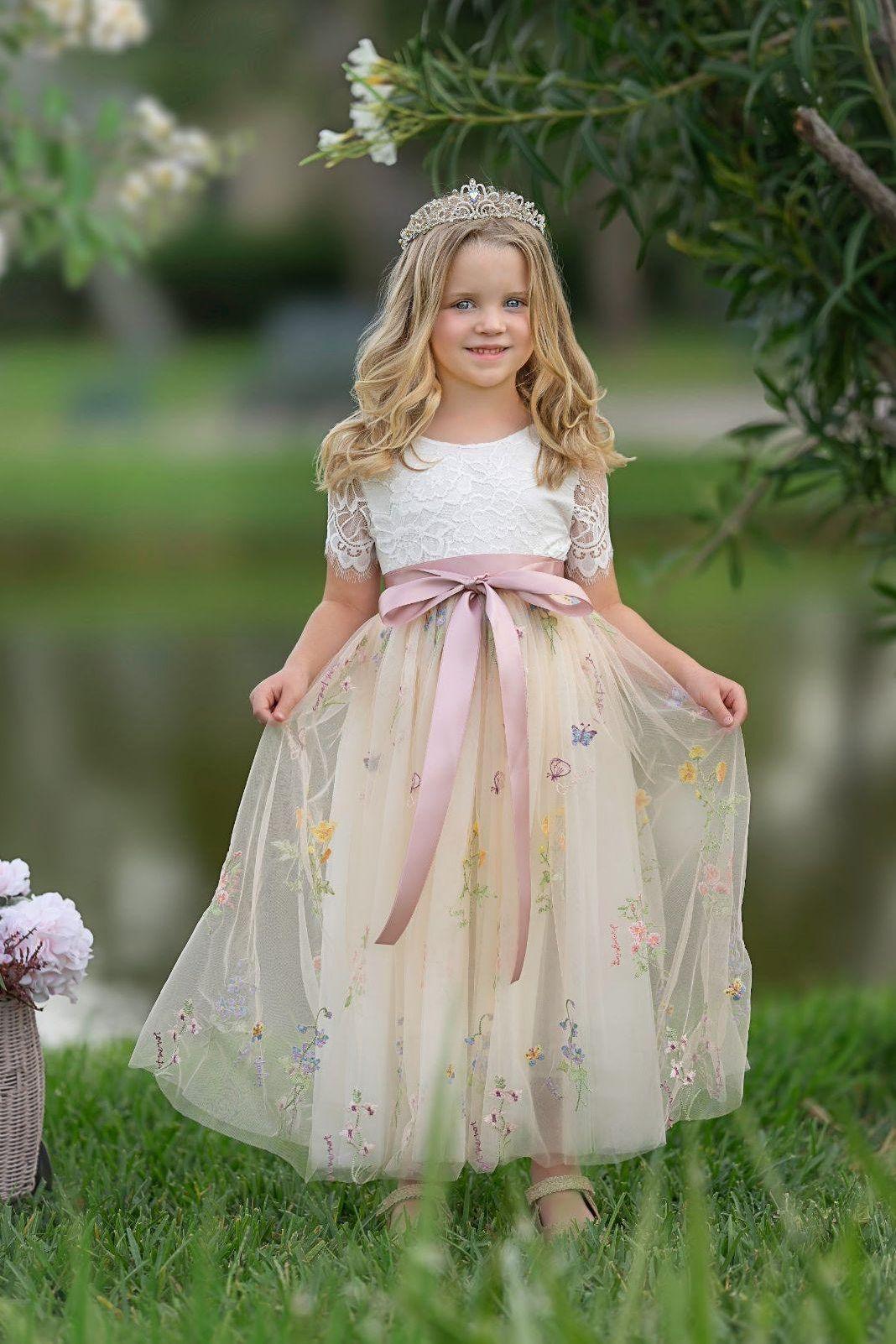 Short Sleeve Wildflower Floral Embroidered Flower Girl Dress- Champagne - The Little Kitten Boutique