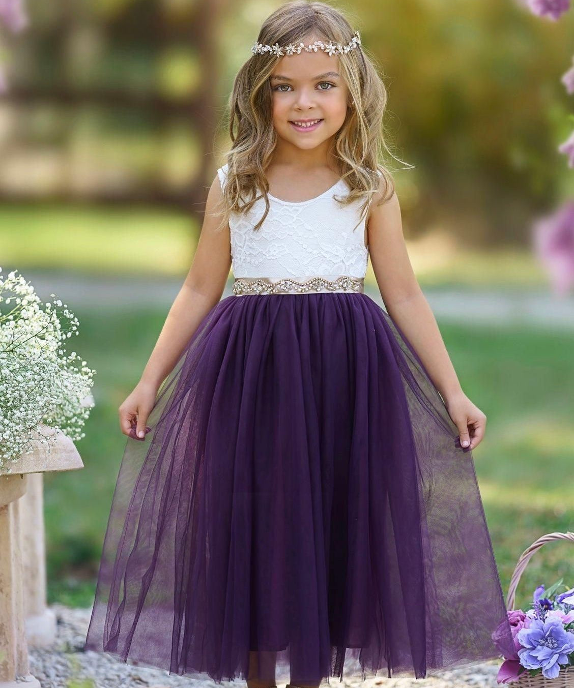 Sleeveless Eggplant Purple Lace and Tulle Flower Girl Dress - The Little Kitten Boutique