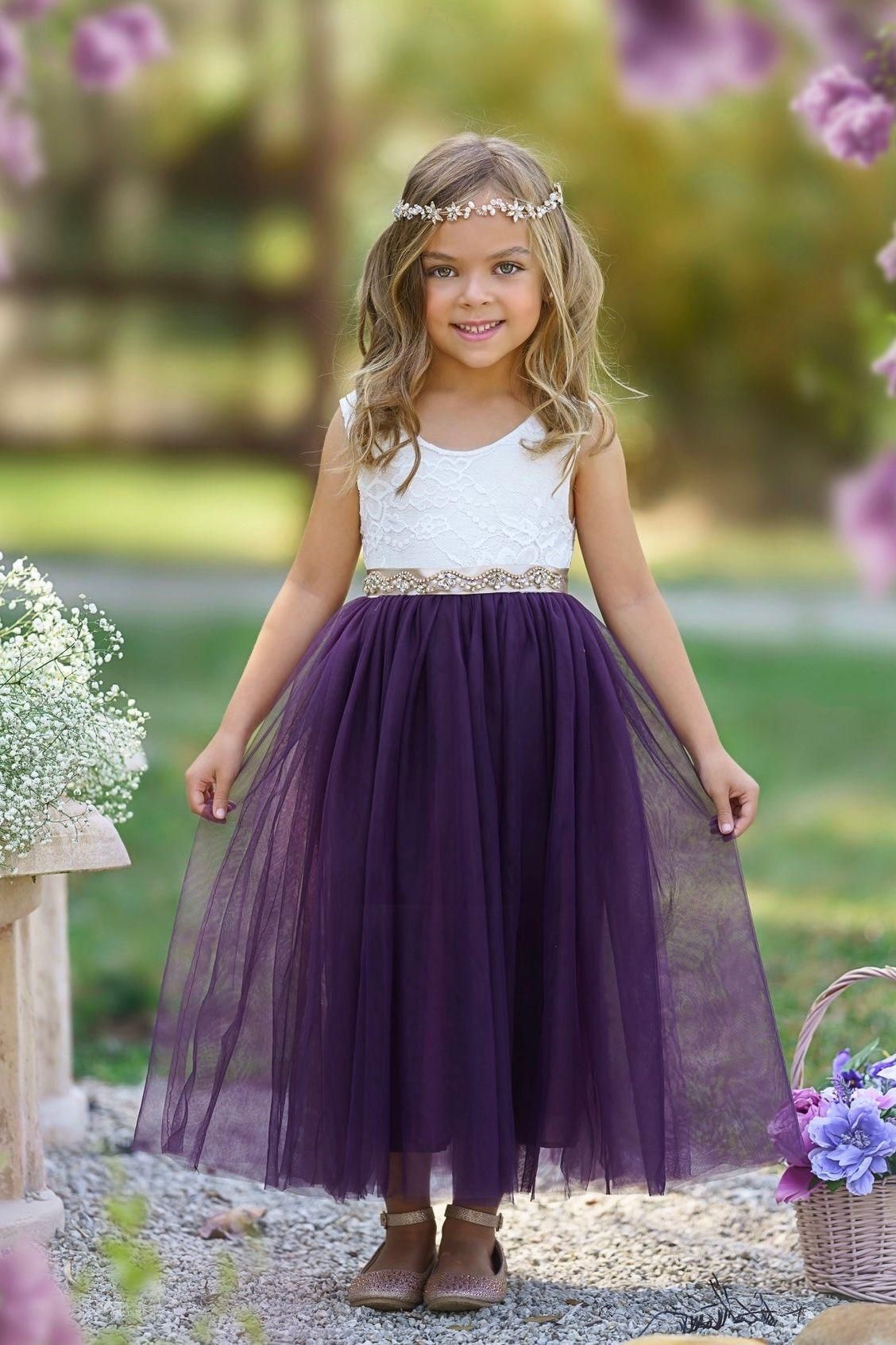 Sleeveless Eggplant Purple Lace and Tulle Flower Girl Dress - The Little Kitten Boutique