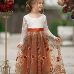 Long Sleeve Lace Tulle Flower Girl Dress for Fall Weddings - Burnt Orange - The Little Kitten Boutique