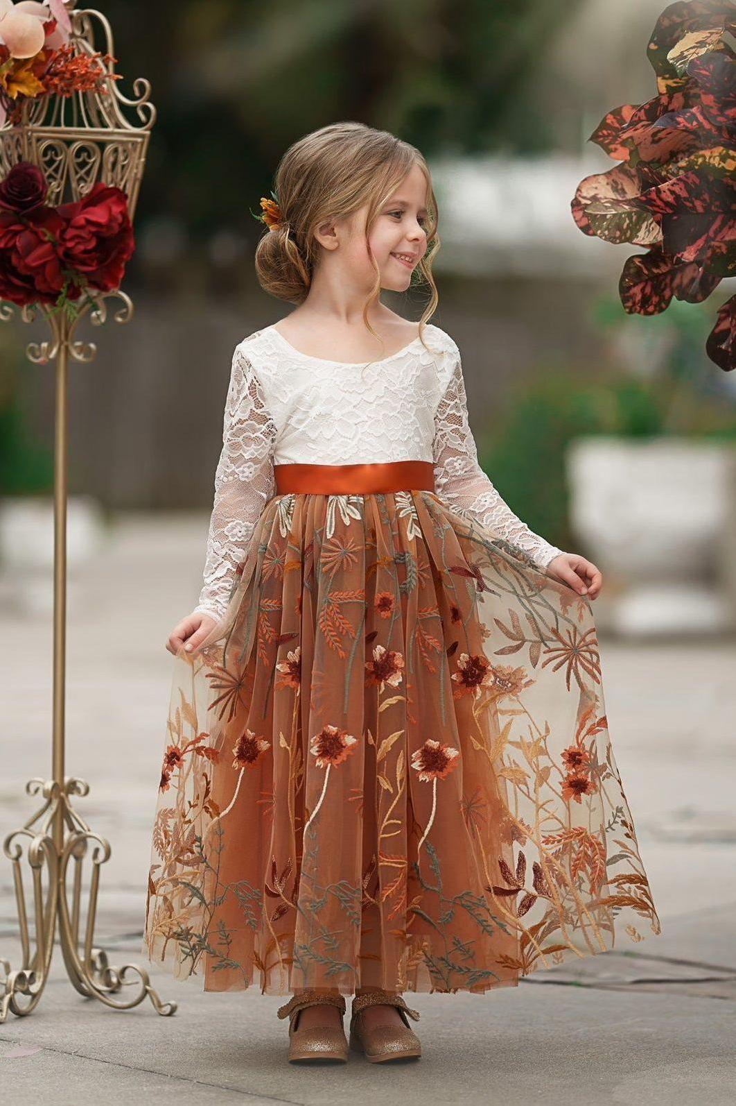 Long Sleeve Lace Tulle Flower Girl Dress for Fall Weddings - Burnt Orange - The Little Kitten Boutique