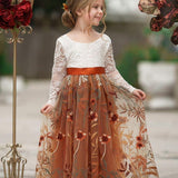 Long Sleeve Lace Tulle Flower Girl Dress for Fall Weddings - Burnt Orange - The Little Kitten Boutique