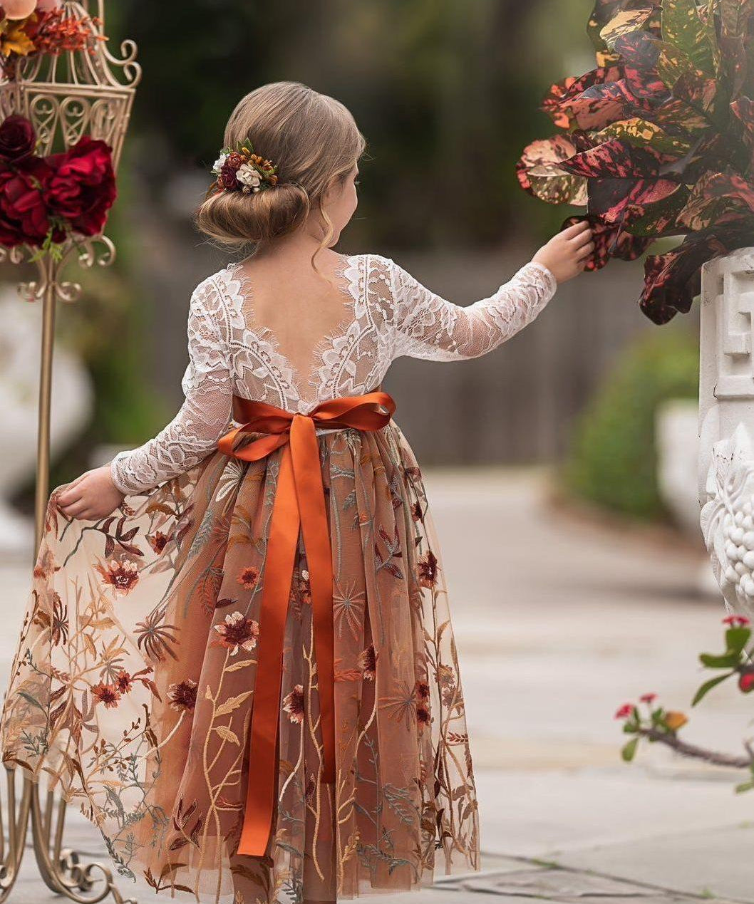 Long Sleeve Lace Tulle Flower Girl Dress for Fall Weddings - Burnt Orange - The Little Kitten Boutique