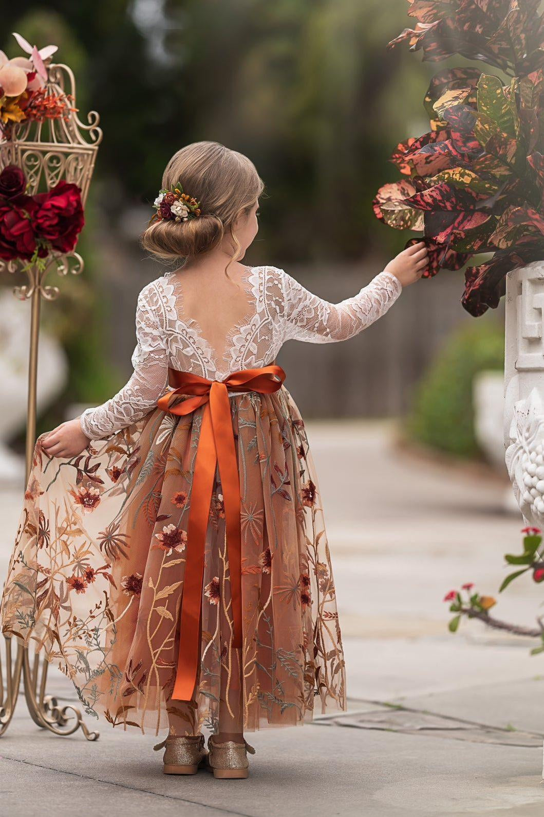 Long Sleeve Lace Tulle Flower Girl Dress for Fall Weddings - Burnt Orange - The Little Kitten Boutique