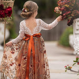 Long Sleeve Lace Tulle Flower Girl Dress for Fall Weddings - Burnt Orange - The Little Kitten Boutique