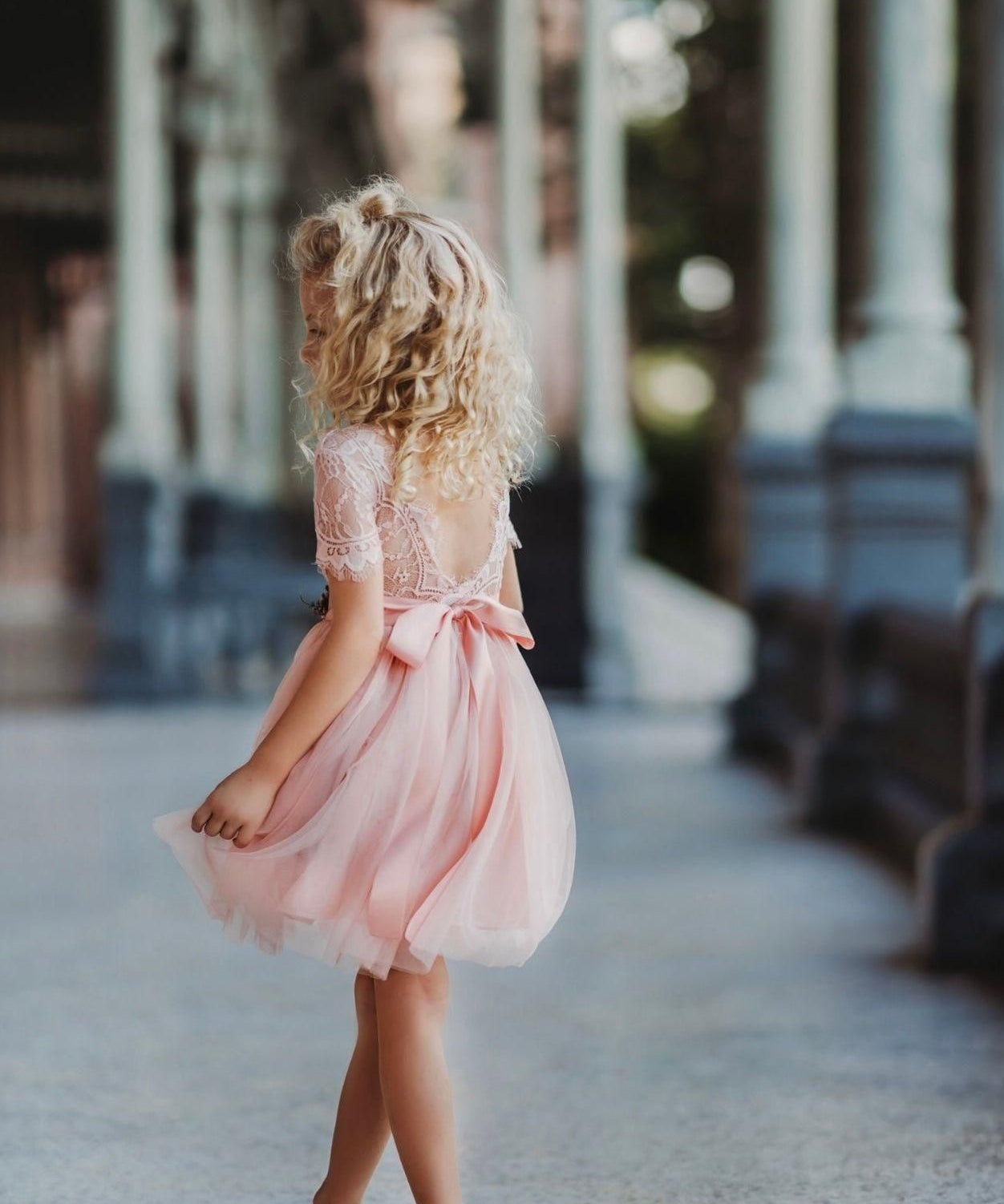 Short Sleeve Lace and Tulle Rose Flower Girl Dress - The Little Kitten Boutique