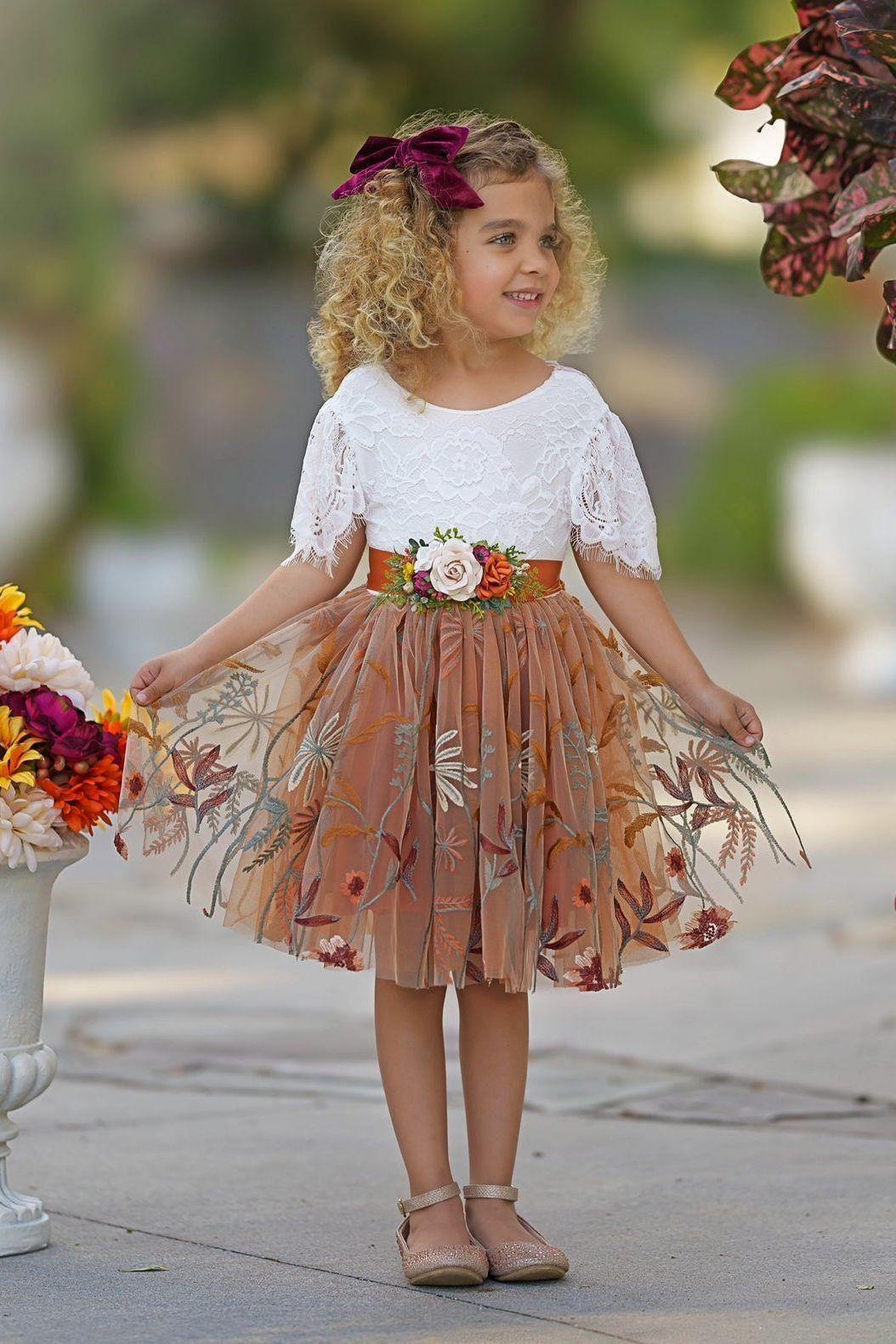 Knee Length Burnt Orange Floral Embroidered Flower Girl Dresses - The Little Kitten Boutique