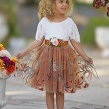 Knee Length Burnt Orange Floral Embroidered Flower Girl Dresses - The Little Kitten Boutique