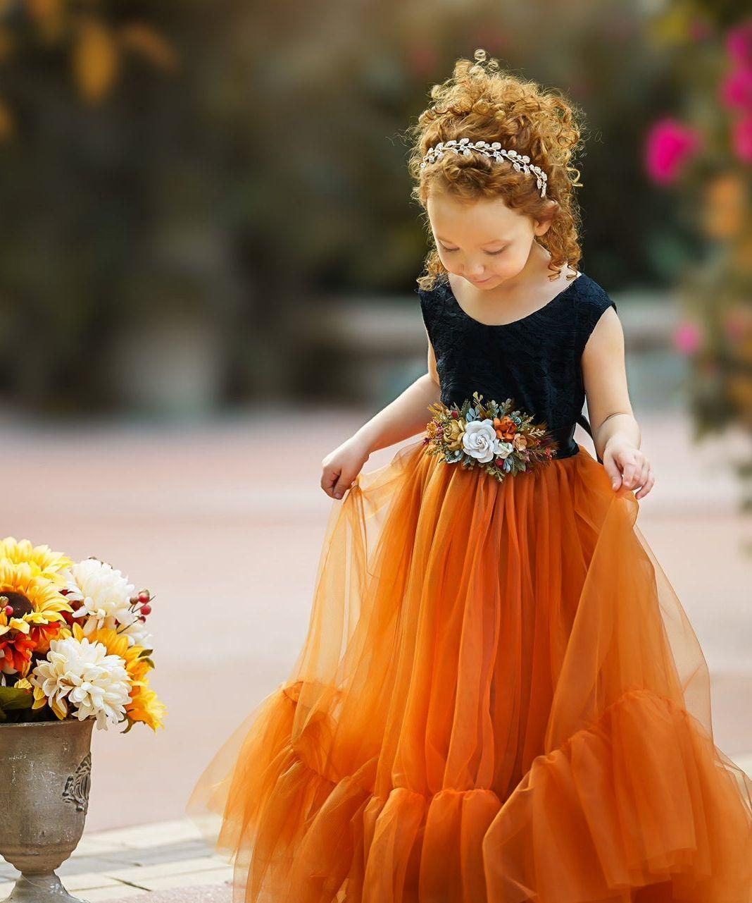 Sleeveless Black and Burnt Orange Flower Girl Dress - The Little Kitten Boutique